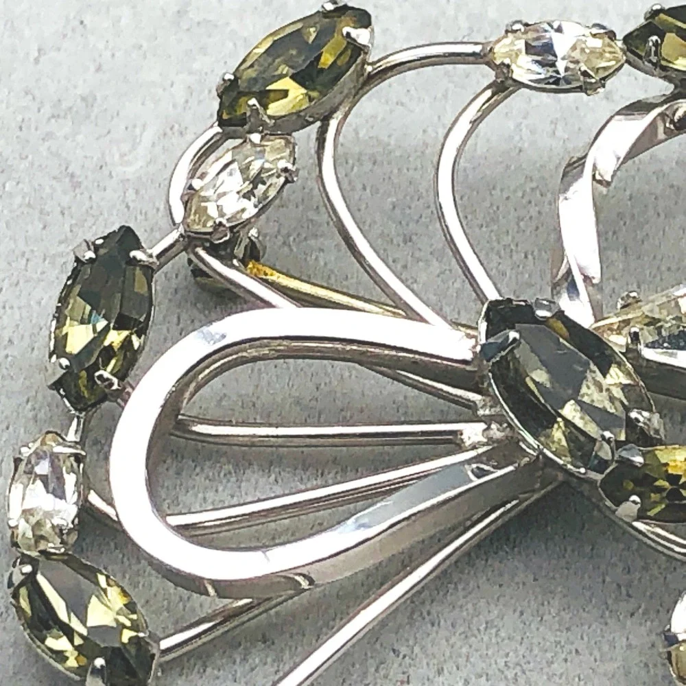 Vintage Sterling Flower Brooch Green Rhinestones Floral Spray‎ Pin Signed ESPO
